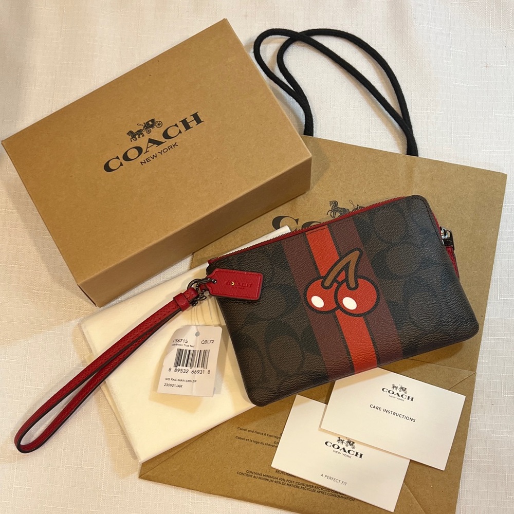 Coach Pac-Man PACMAN Signature Cherries Cherry Corner Zip Wristlet Wallet NWT - Picture 1 of 8